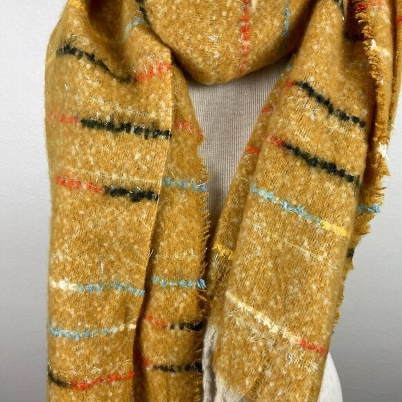 Cozy Super Soft Mustard Yellow Scarf. Fuzzy striped design, fringe detail - Picture 4 of 9